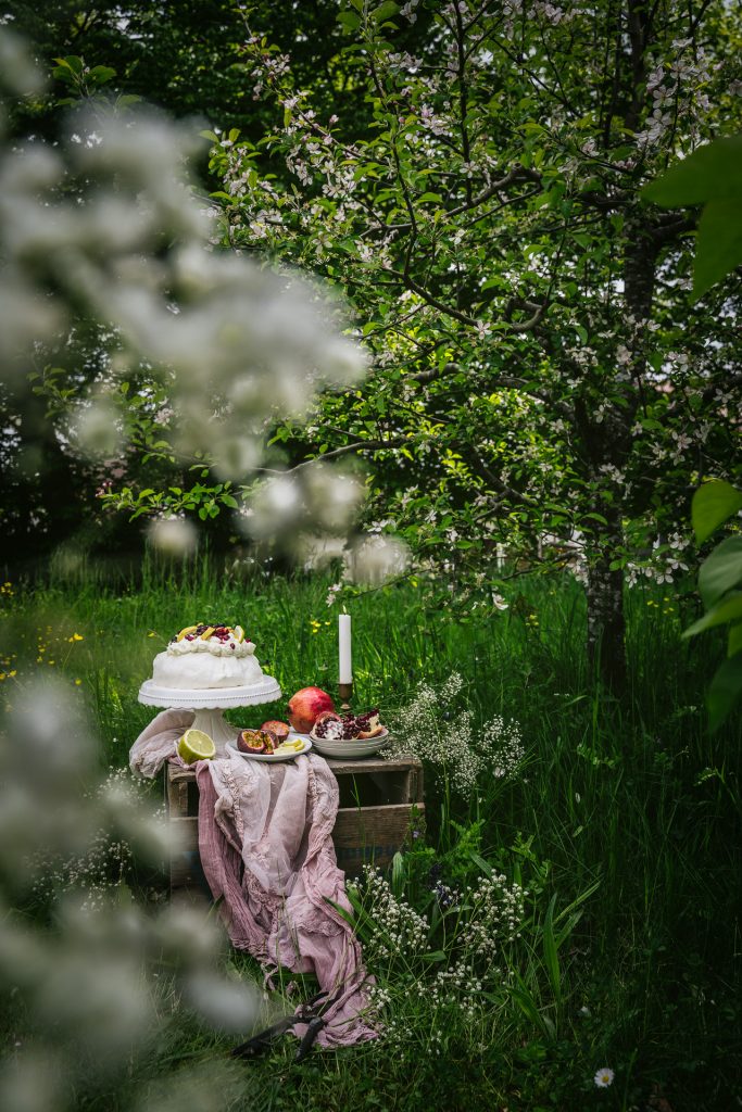 sommerliche Pavlova mit Früchten im Garten Food Fotografie granatapfel Apfelblüte blumen